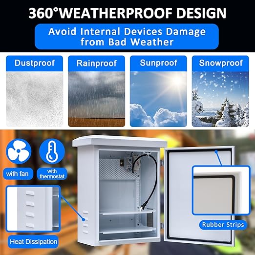 Outdoor Electrical Box withElectrical Cabinet Cooling Fan and Thermostat Set 15.7 * 19.7 * 7.9" IP Weatherproof Box,Vented Box with Removable Mounting Plate Wall/Pole Mounted(40 * 50 * 20cm)