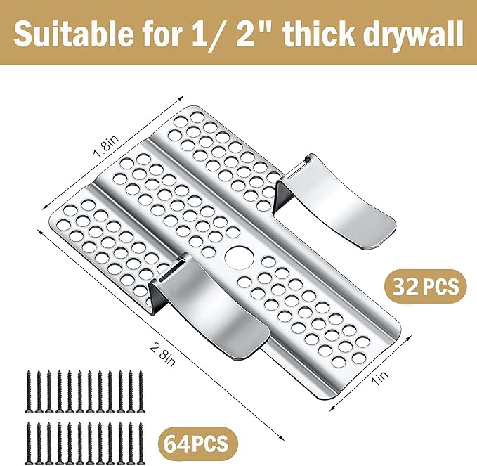 moonoom 32 Pack Drywall Repair Clips, 1/2 inch Drywall Fastener Clip with 64 Screws, Stainless Steel Wall Patch Clips for Damaged Walls Repairing
