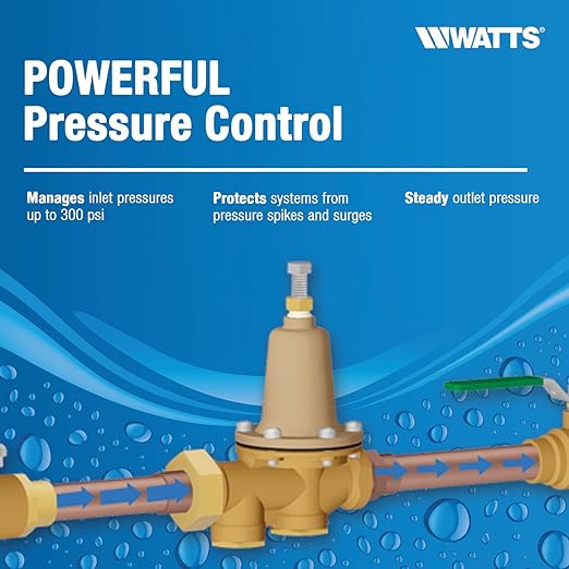 Watts 1-Inch Lead-Free Water Pressure Reducing Valve, Double Union, Solder, Polymer Seat, Adjustable 25-75 PSI