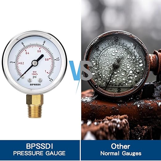 0-15 Psi Low Pressure Gauge, 2.5" Dial Size, 1/4" NPT Lower Mount, 304 Stainless Steel Case, Water Pressure Gauge Test for Water Pipe, HVAC(with Tape)