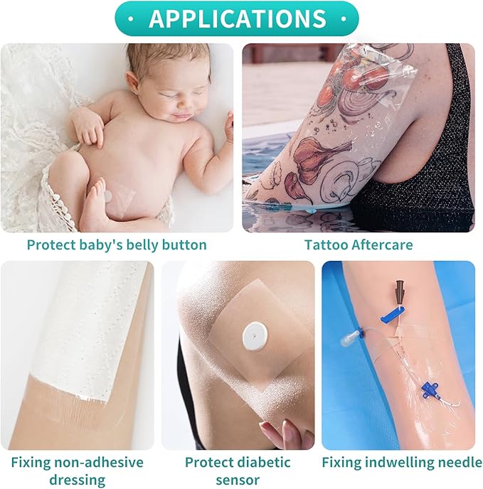 Dimora Waterproof Transparent Film Dressing, Clear Bandage Tape for Wound Care, Adhesive Post Surgical Cover Pad，for IV Shield, Tattoo Aftercare, Shower Protector 4x4 3/4 inch 100 Packs