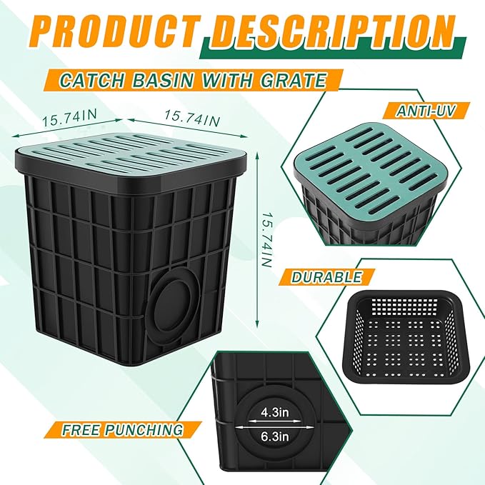 Catch Basin with Grate 15 x 15 x 15 Inch Square Large Catch Basin for Drainage with Debris Basket French Drain Without Reserved Hole for Yard, Downspout, Lawn, Municipal Pipeline