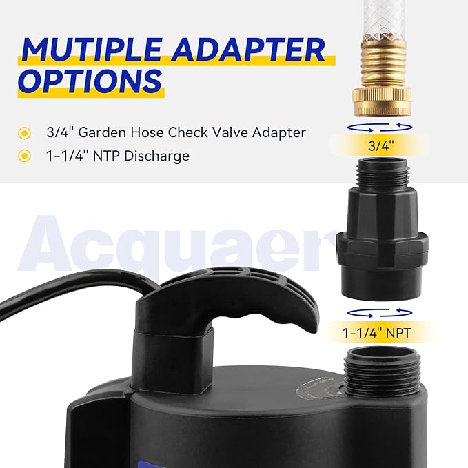 Acquaer 1/3 HP Automatic Submersible Water Pump, 115V Sump Pump with 3/4” Garden Hose Check Valve Adapter,2160 GPH High Flow Water Removal for Swimming Pool Cover Hot Tubs Flooded House Basement