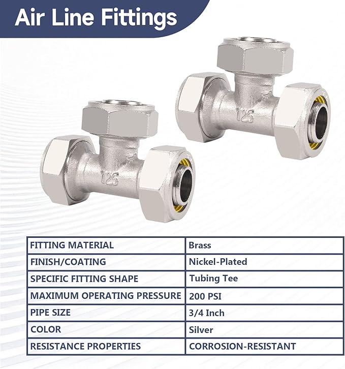 2PCS 3/4’’ Air Line Fittings for Shop Garage, 3/4’’ Tubing Tee Air Piping Fittings Fit for Compressed Air Tube System, Brass-Nickel Plated, 200PSI Working Pressure