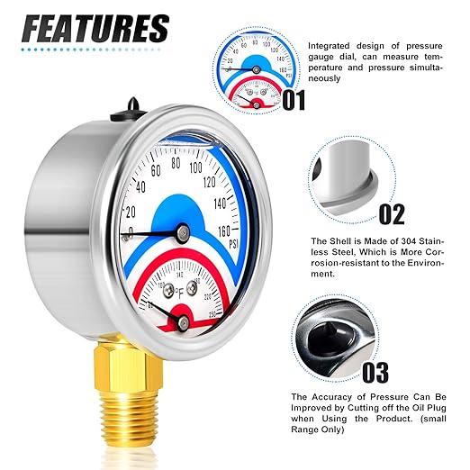 MEANLIN MEASURE 2PCS 0-160Psi Stainless Steel Thermal Pressure Gauge 30-250℉ 1/4" NPT 2.5" FACE DIAL Liquid Filled Pressure Gauge, with 1/2" NPT and 3/8" NPT Hex Bushing, Lower Mount