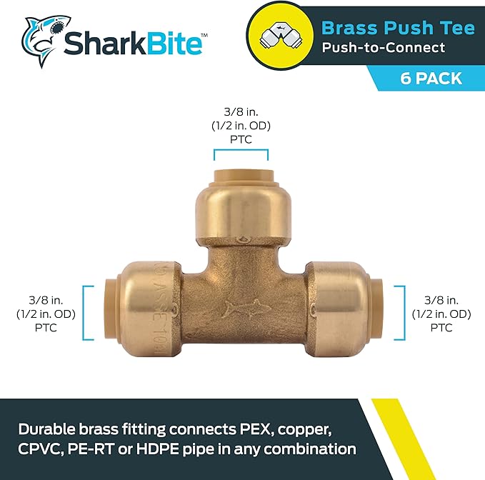 SharkBite 3/8 Inch (1/2 Inch OD) Tee, Pack of 6, Push to Connect Brass Plumbing Fitting, PEX Pipe, Copper, CPVC, PE-RT, HDPE, U360LF