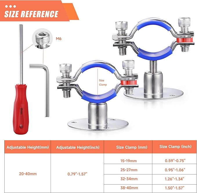 6PCS 304 Stainless Steel Wall Mount Ceiling Mount Pipe Supports,Suitable for OD Pipe 25-27mm,Adjustable Height 20-40mm,Adjustable Pipe Strap Clamp with Screws