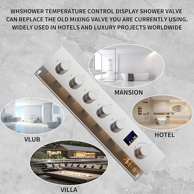 Solid Brass 5 Way Shower Diverter Valve with Temperature Display Shower Mixer Valve Bathroom Shower Diverter Replacement, Chrome