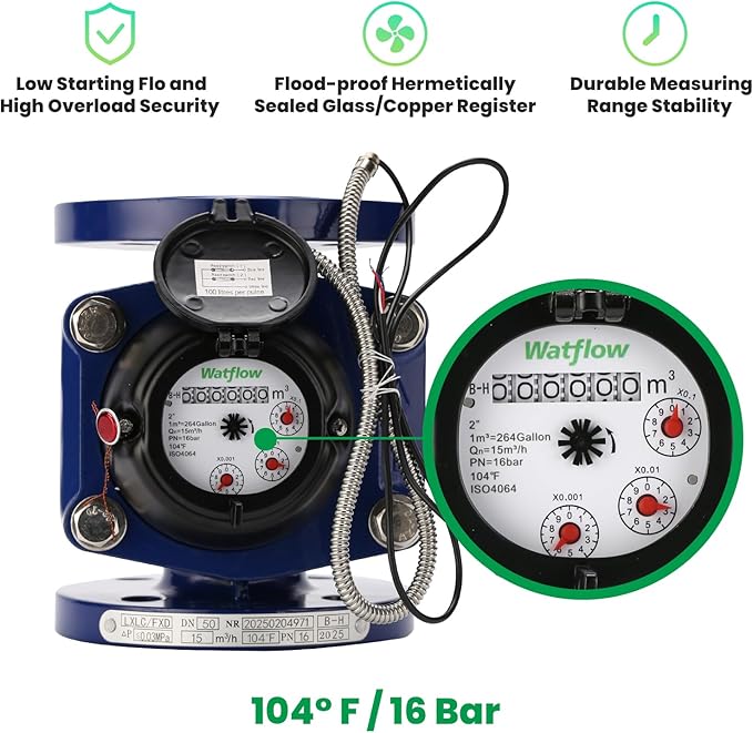 Watflow 2" WoltmannHelix Water Meter,Detachable Water Meter,Pulse Output, Epoxy-Coated Cast Iron,Resistant Seals（Cubic,Non-Potable Use）
