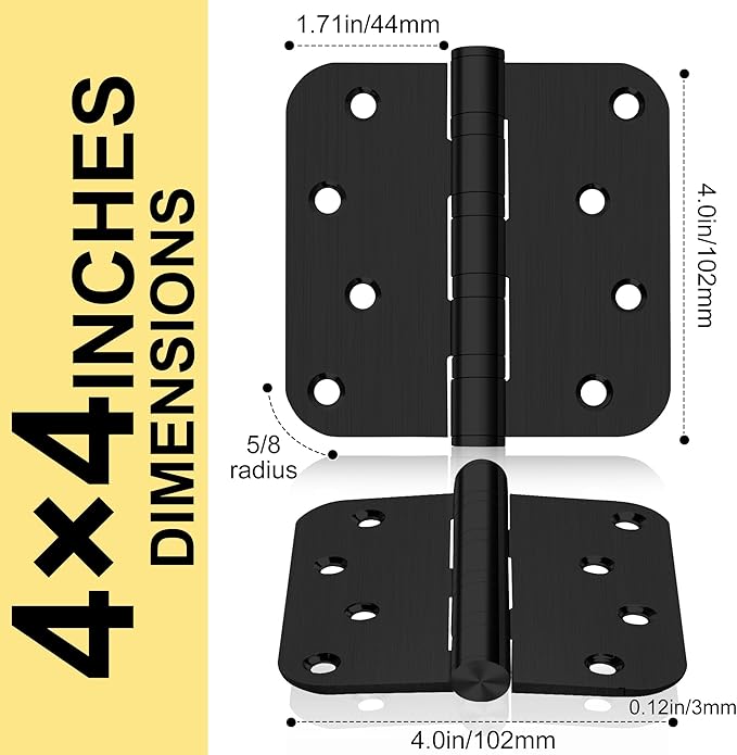 6 Pack 4" Heavy Duty Door Hinges with 5/8'' Radius Corner, 4in x 4in Stainless Steel Door Hinges for Exterior & Interior Doors, Smooth and Quiet (Black)