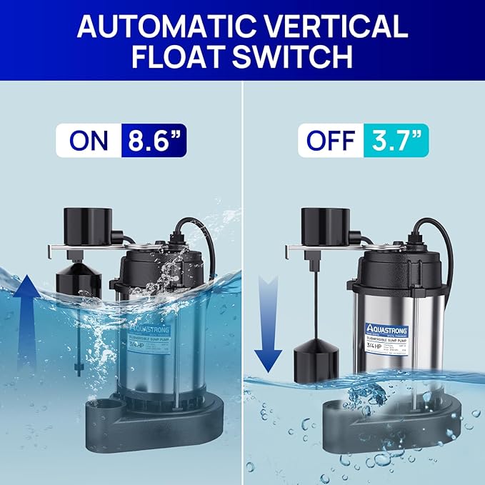 AQUASTRONG 3/4 HP Sump Pump Submersible, 4890 GPH Stainless Steel and Cast Iron Sump Pump, Automatic Integrated Vertical Float Switch with Piggy-back Plug,1-1/2" NPT Discharge Subpumps for Basement