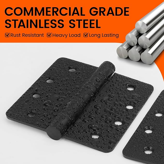 3Pack Haidms Black Door Hinges Heavy Duty Door Hinges Matte Black Ball Bearing Stainless Steel Hinges with 1/4" Radius Corner