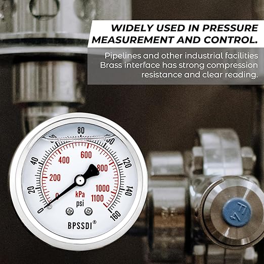 0-200 Psi Glycerin Liquid Filled Low Pressure Gauge, 2.5" Dial Size, 1/4" NPT Back Mount, 304 Stainless Steel Case, for Water Pipe, HVAC, Water Oil Air Pressure Test