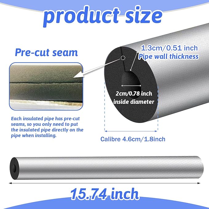 12 Pack Pipe Insulation Foam Tube, 3/4'' Self Adhesive Pre Slit Foam Pipe Covers Polyethylene with Aluminum Foil for Spigot, Winter Outside Pipes, Sprinkler, Water Heater Pipes Freeze Protection