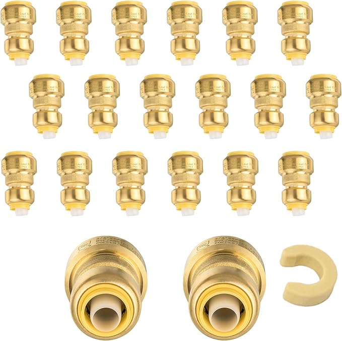(Pack of 20) Niikappu 3/4" x 1/2" Reducing Coupling Brass Fittings, Push-to-Connect Plumbing Fitting for Pex, Copper, CPVC, Includes Removal Clip(PF017-20Pack)