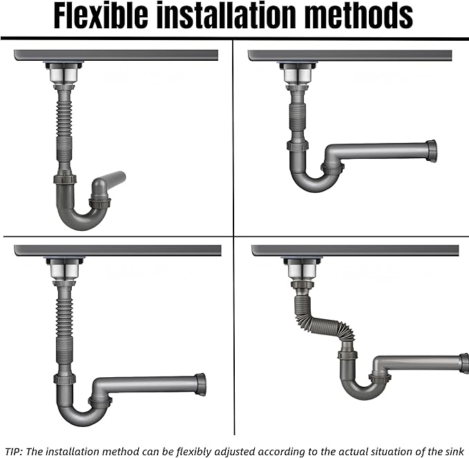 Expandable and Flexible P-Trap, 1-1/2" Sink Drain Pipe Kit, Wall Drain, For Kitchen Sink