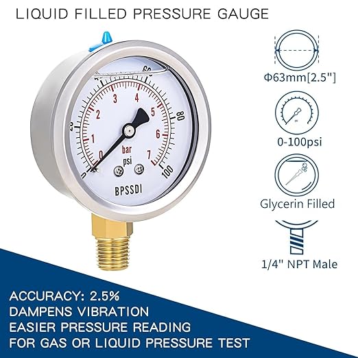 0-100 Psi Lead-Free Glycerin Liquid Filled Low Pressure Gauge, 2.5" Dial Size, 1/4" NPT Lower Mount, 304 Stainless Steel Case, for Water Pipe, HVAC, Water Oil Air Pressure Test