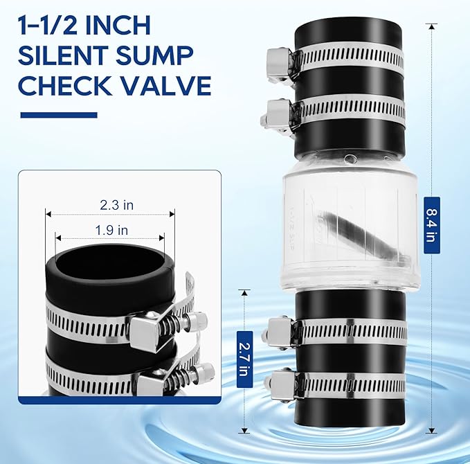 Quiet PVC Check Valve 1-1/2 Inch Sump Pump Check Valve with Buna-N Couplings With Spring Loaded Flapper Fit 1-1/2″ Class 40 Pipe With Stainless Clamps