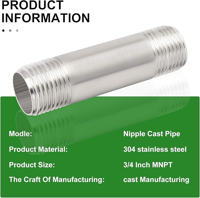TAISHER 4PCS Stainless Steel Pipe Fittings, 3/4" NPT x 3/4" NPT Male Threaded, 2" Length Nipple Cast Pipe
