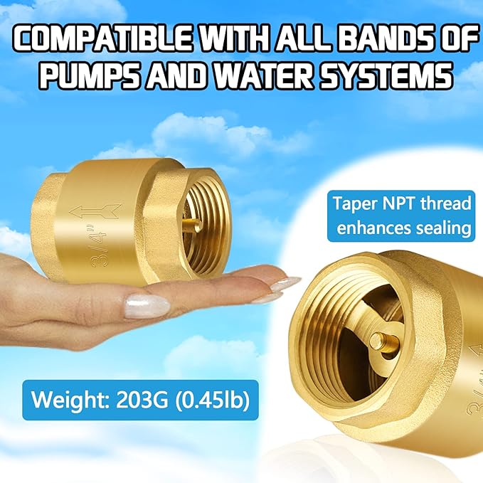 2PCS 3/4 NPT Thread Spring Check Valve, Brass Non Return One Way Horizontal Vertical Inline Water Check Valve for Well, Pump, Tank, Backflow Prevention