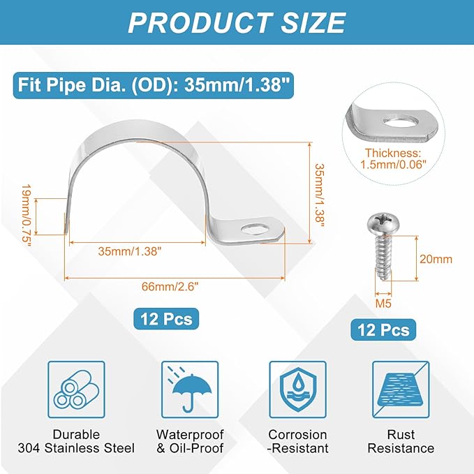 uxcell 12Pcs 35mm(1-3/8") One Hole Rigid Pipe Strap, 304 Stainless Steel Conduit Clamp Thicken U Bracket Heavy Duty Pipe Clamp with Self-Tapping Screws for Fixing Tube Cable, Silver