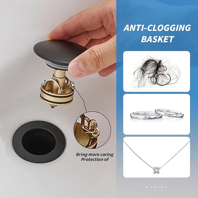 BWE Matte Black One Piece Bathroom Vessel Sink Drain Stopper with OverflowPop Up Drain Assembly with Strainer for Bathroom Vessel Vanity Faucet