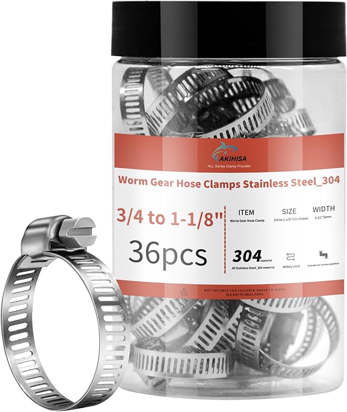 36 Pack 3/4'' - 1 1/8'' Worm Gear Hose Clamps, Adjustable Range 19-29mm 304 Stainless Steel Fuel Line Hose Clamps for Pipe, Plumbing, Automotive And Mechanical Application