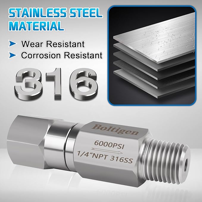 Boltigen 1/4 NPT In-line Ball Check Valve, Stainless Steel 316 One Way No Return Check Valve, High Pressure 6000PSI Spring Check Valve for Well, Pump, Tank, Backflow Prevention, Horizontal, Vertical