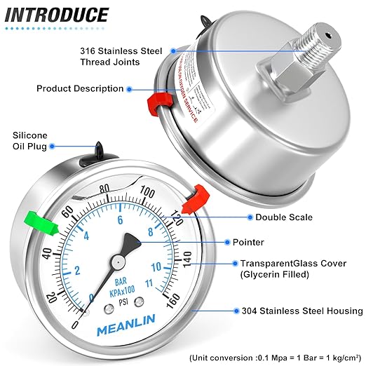 MEANLIN MEASURE 0~160Psi Stainless Steel Liquid Filled Pressure Gauge 2.5"FACE DIAL 1/4"NPT for Air Compressor RV Regulator Water Pressure Tester Back Mount with Stainless Steel Hex Bushing and Snaps