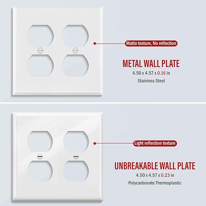 ENERLITES Double Duplex Receptacle Metal Wall Plate, Outlet Cover, Corrosion Resistant, Standard Size 2-Gang 4.50" x 4.57", Powder Coated Stamped Steel, 7722-WM, White Matte