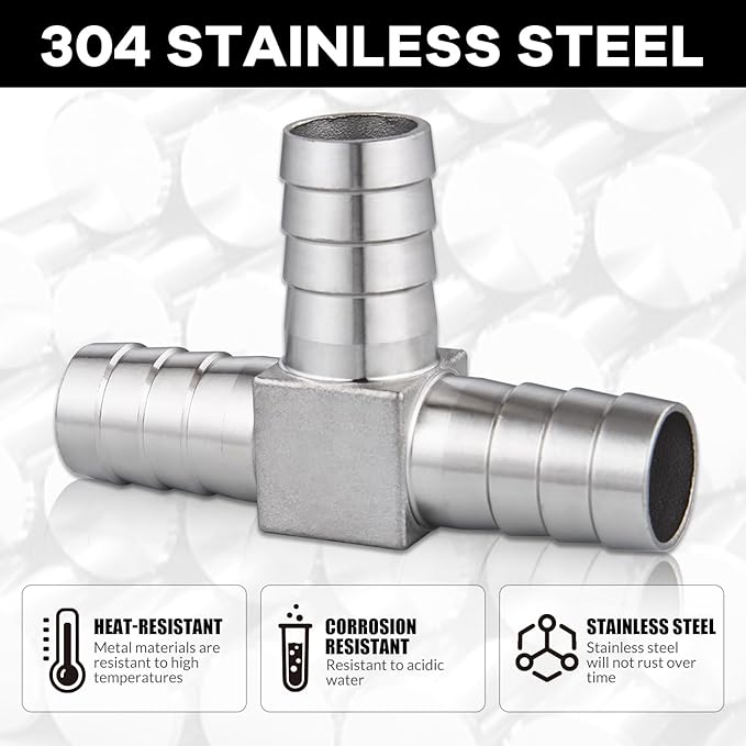 304 Stainless Steel Hose Barb Fitting 3/4" Barb x 3/4" Barb x 3/4" Barb 3 Way Tee T Shape Joint Splicer Mender Fitting Union for Water Fuel Air 2PCS