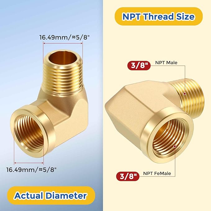 2 Pack Brass Pipe Fittings, 90 Degree 3/8" FeMale NPT to 3/8" Male NPT Barstock Street Elbow with Sealing Tape, Forged Pipe Fitting Connector for Air, Oil, LP, Fuel
