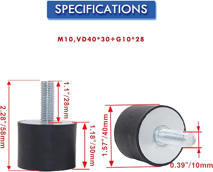 4 Pcs M10 40 x 30 mm Rubber Isolator Mounts Single Stud Shock Absorber with 4 Pcs Locknuts, Cylindrical Anti Vibration Isolation Damping Mounts for Compressors Pumps Generators Motor Engines
