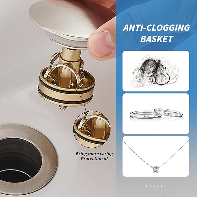 BWE One Piece Bathroom Vessel Sink Drain Stopper Without Overflow Pop Up Drain Assembly with Strainer for Bathroom Vessel Vanity Faucet Brushed Nickel