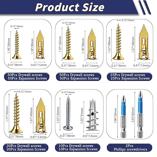 310PCS Self Drilling Drywall Anchors with Screws Kit,5-Sizes Metal Expansion Bolt for Dry Wall,155 PCS Sheetrock Anchors and 155 PCS Screws-No Drill Needed