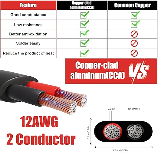 12 Gauge Wire 2 Conductor Electrical Wire, 12 AWG 3.3mm² Wire PVC Cord, 12V/24V DC Low Voltage/Copper-clad Aluminum(CCA)Flexible/2 Wire for Automotive Wire LED Strips Lamp Lighting Marine(30.5M/100FT)