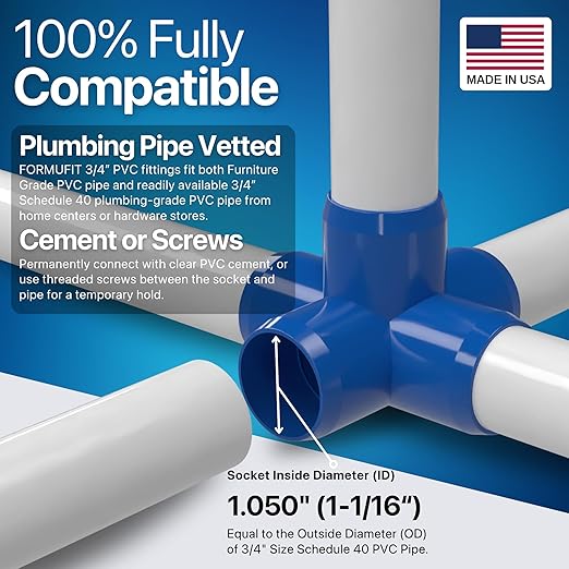 FORMUFIT 3/4" 5-Way Cross Furniture Grade PVC Fitting in Blue, Made in USA, UV-Resistant, Impact-Proof, 1.050” Actual Socket Diameter (Pack of 8) - F0345WC-BL-8