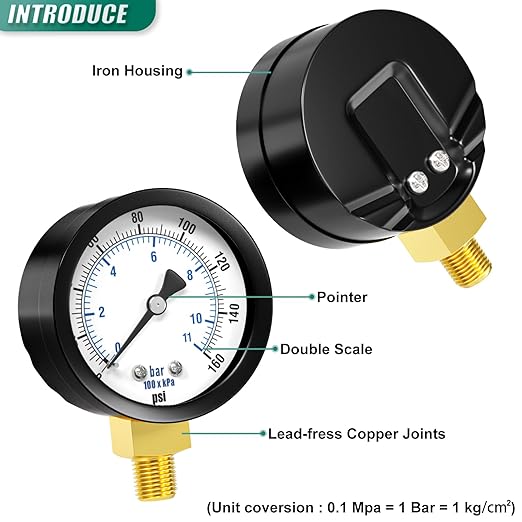 0-160PSI Well Pump Pressure Gauge 2" Dial Size, 1/8" NPT Lower Mount, 3-2-3% Accuracy, for Tube, Water Pump, Gas, Liquid, Pressure Test