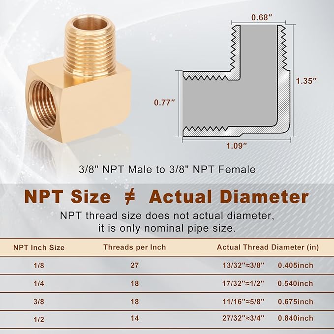 5pcs 3/8” Brass Fittings 90 Degree Barstock Street Elbow 3/8" NPT Male Pipe to 3/8" NPT Female Pipe 3/8 NPT Elbow Forged Brass Pipe Fittings