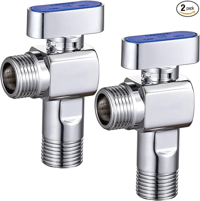 2 Packs of SUBMARINE Brass Shut Off Valve for Kitchen and Bathroom, 1/4 Turn Angle Stop Valve, 1/2'' Inlet and Outlet Caliber with 3/8'' Adapter Hot and Cold Water (Blue)