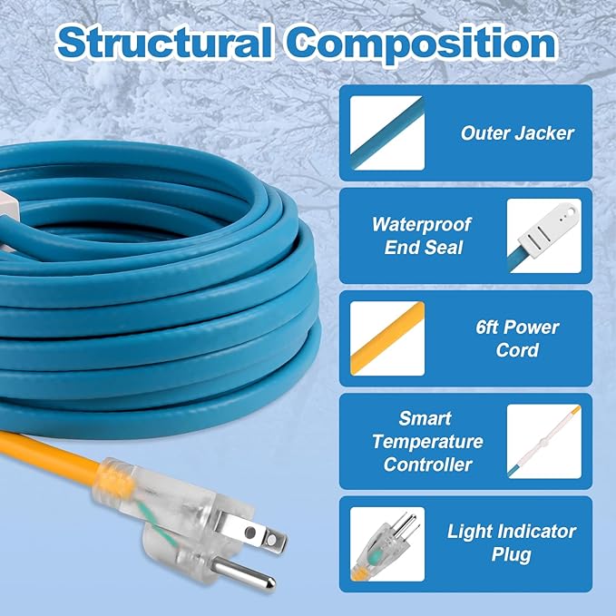 YAMIAOMAO Heat Tape for Water Pipes,30 Ft Blue Self-Regulating Heat Tape,-40°F Deicing Heat Tape,Prevent Water Pipes from Freezing,Heat Tape Water Pipes Suitable For Outdoor Water Tanks Of House