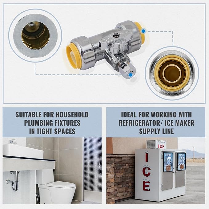 SUNGATOR 3/4 x 3/4 x 1/4 Inch Compression Tee Stop Valve, 1/4 Turn, No Lead Brass Push to Connect Plumbing Fitting for PEX Pipe, Copper, CPVC, with 1 Disconnect Clip and 1 Sealing Tape