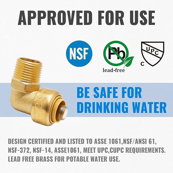 SUNGATOR 1/2 Inch Male Adapter Elbow, 1/2 Inch MNPT, No Lead Brass Push-to-Connect Plumbing Fittings for PEX Pipe, Copper, CPVC, with 1 Disconnect Clip and 1 Sealing Tape, Pack of 3