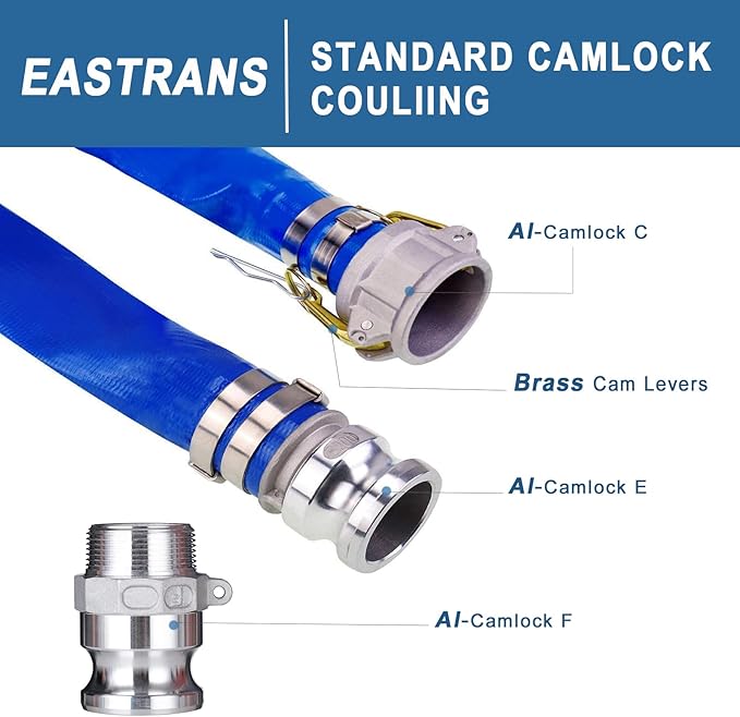 1.5" x 50' Blue PVC Discharge Hose for Swimming Pools with Camlock C and E Fittings, Cam Lock Fitting Type F included Heavy Duty Backwash Hose Reinforced Pool Drain Hose