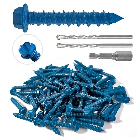 100Pcs 3/16" x1-1/4 Concrete Screws with Drill Bit, Hex Head Concrete Cement Screws Anchor Assortment Kit for Masonry, Block Brick or Stucco
