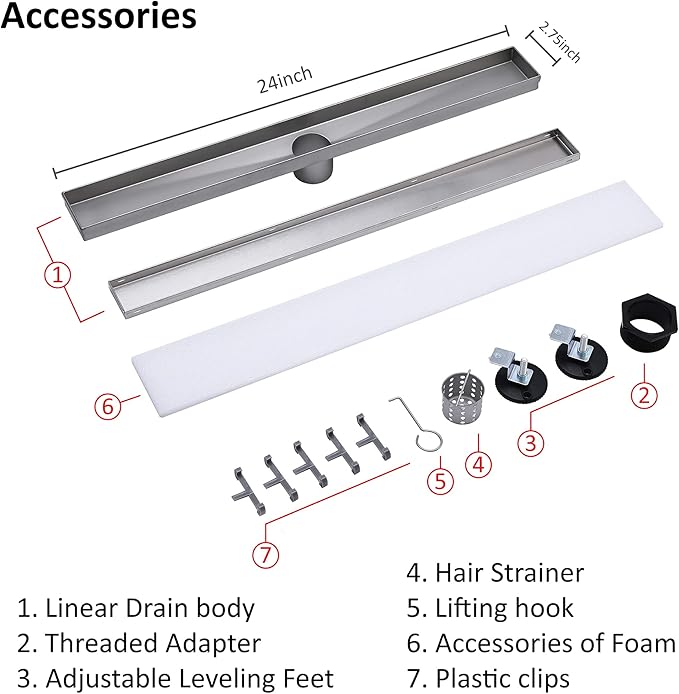 24 inch Linear Shower Drain with Removable Square Hole Panel by Using Brushed 304 Stainless Steel Process, Linear Drain Equipped with Adjustable Feet and Hair Strainer