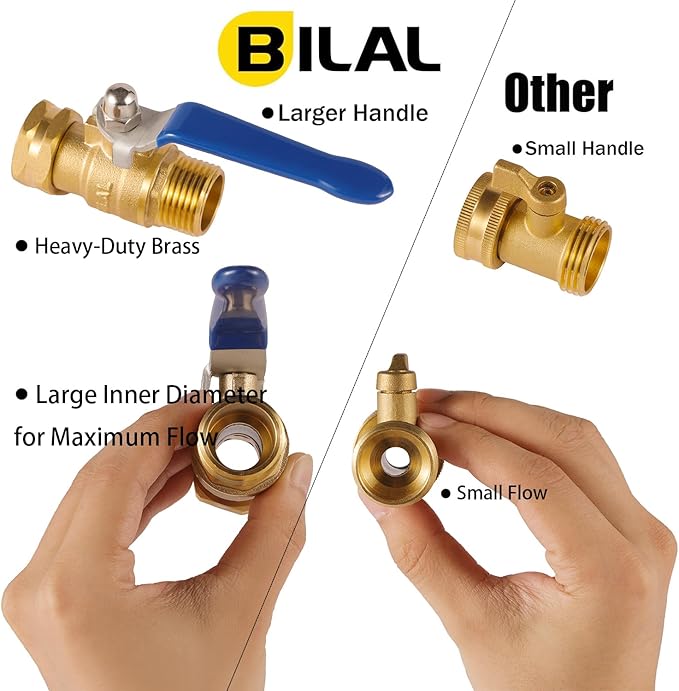 BILAL Heavy Duty Garden Hose Shut Off Valve with Long Handle, High Flow Hose Ball Valve 3/4" GHT Brass Water Valve Shutoff Tool with Rubber Washers, Garden Hose Connector Adapter Fittings (1 Pack)