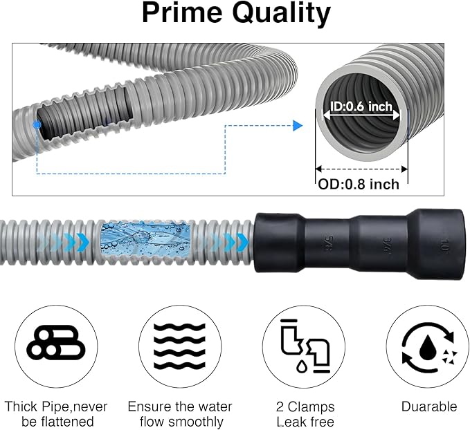 10Ft Universal Dishwasher Drain Hose, Corrugated Discharge Hose Flexible Dishwasher Replacement Drain Hose Extension with 2 Clamps,Fit 5/8"-3/4" and 1"