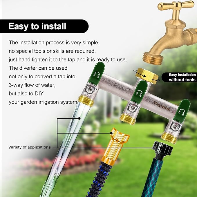 3 Way Garden Hose Splitter, Heavy Duty Brass Nickel Plated Rust Resistant Faucet Manifold, 3/4" Frost Resistant Outdoor Hose Adapter Connector，Hose Spigot Adapter with 3 Large Green Handles