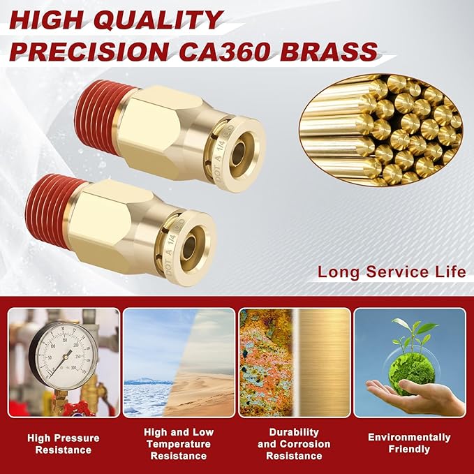 1/4" Quick Push to Connect Fittings Brass Union Straight Joint DOT Approved 1/4" Tube OD x 1/8" NPT Thread Air Line Adapter Air Suspension Kit for Truck Trailers and Air Brake System 10pcs